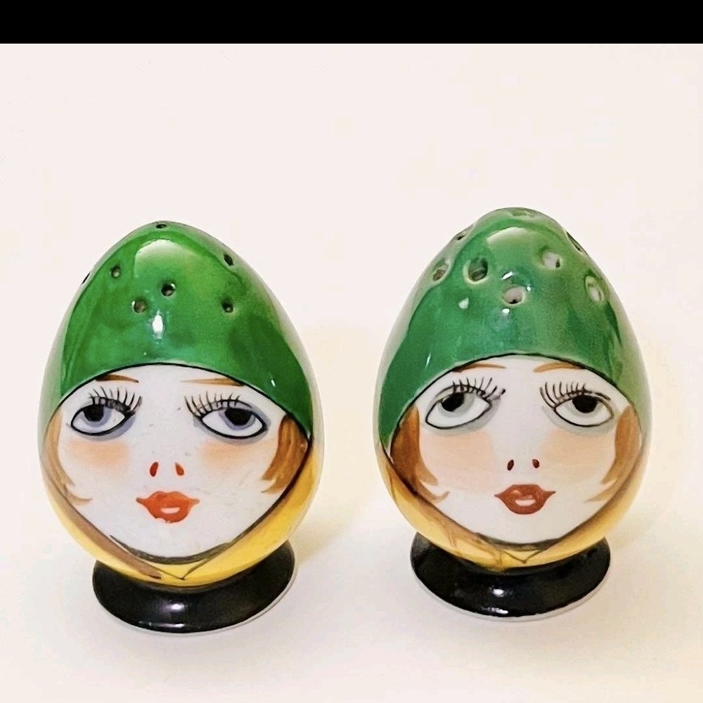 Art Deco Noritake Flapper Lady Face Salt and Pepper Shakers Made In JAPAN